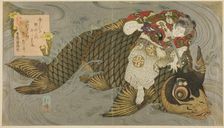 Oniwakamaru subduing the giant carp, c. 1830/35. Creator: Totoya Hokkei