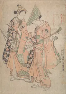 Onoe Kikugoro in the role of Yaoya Oshichi and Nakamura Kiyosaburo as her lover the kosho ..., 1750. Creator: Okumura Masanobu