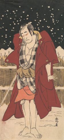 Onoe Matsusuke as Man Armed with a Sword, Standing in Snow before a Fence, 1786. Creator: Katsukawa Shunko