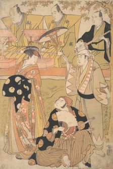 Onoe Matsusuke I as an Oiran Stands at the Left, Talking to Nakamura Nakazo I as a Sam..., ca. 1788. Creator: Torii Kiyonaga