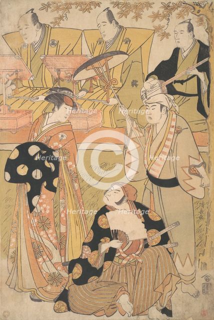 Onoe Matsusuke I as an Oiran Stands at the Left, Talking to Nakamura Nakazo I as a Sam..., ca. 1788. Creator: Torii Kiyonaga.