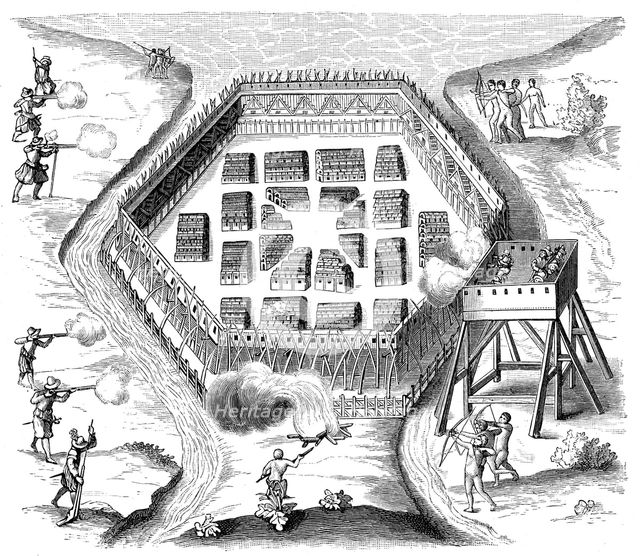 Onondaga village attacked by the French explorer Samuel de Champlain, 1615. Artist: Unknown