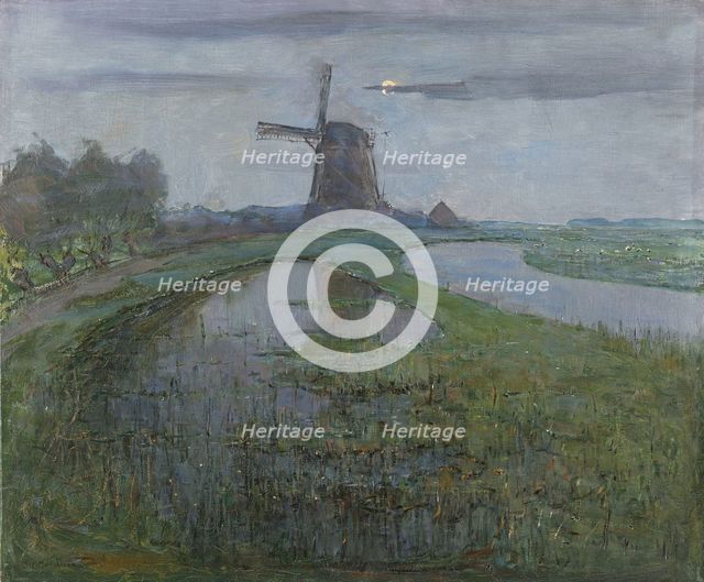Oostzijdse Mill along the River Gein by Moonlight, c.1903. Creator: Piet Mondrian.