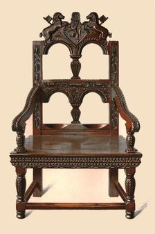 Oak Cacqueteuse chair, 1904. Artist: Shirley Slocombe