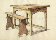 Oak Draw Table and Form, early 16th century (c1951). Creator: Shirley Markham