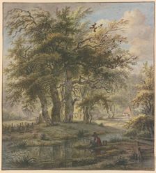Oak forest with some huts, a fisherman in the foreground. Creator: Jan Hulswit