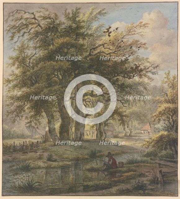 Oak forest with some huts, a fisherman in the foreground. Creator: Jan Hulswit.