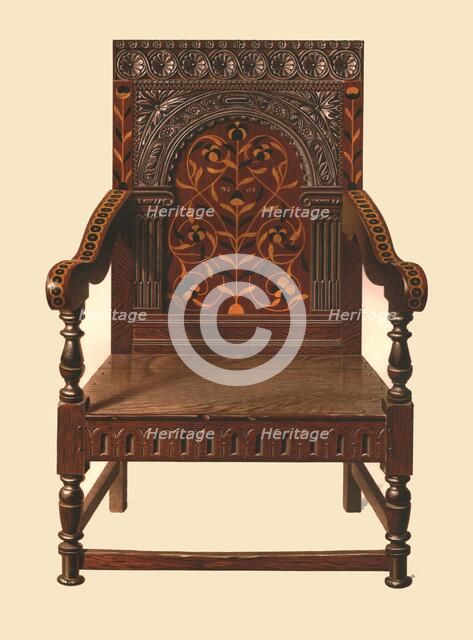 Oak inlaid chair, 1904. Artist: Shirley Slocombe.