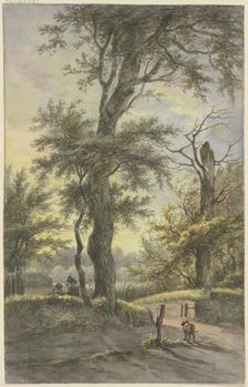 Oak tree, with two men on a path beneath it, a dog by a post, in the light of the evening sun. Creator: Jan Hulswit