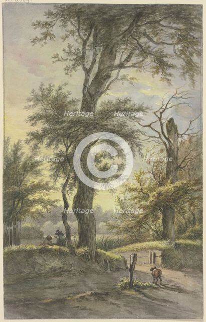 Oak tree, with two men on a path beneath it, a dog by a post, in the light of the evening sun. Creator: Jan Hulswit.