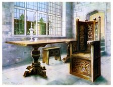 Oak trestle table and Mine Host's chair, 1910.Artist: Edwin Foley