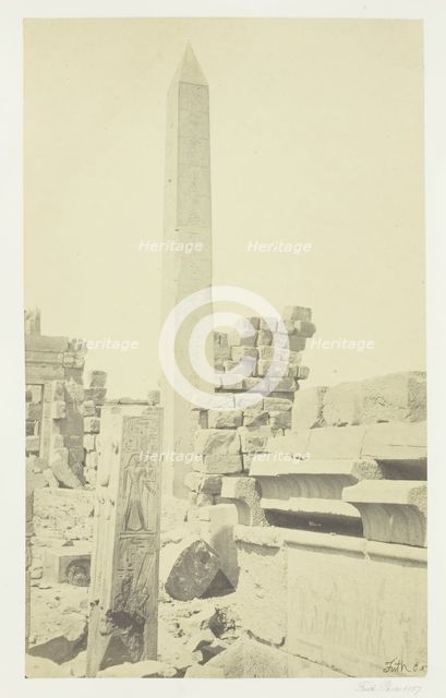 Obelisk and Granite Lotus Column, Karnac, 1857. Creator: Francis Frith.
