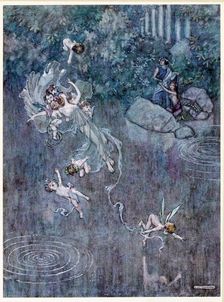 Oberon: and make him with fair Aegle break his faith, from, A Midsummer Night's Dream, pub. 1914. Creator: William Heath Robinson (1872 - 1944)