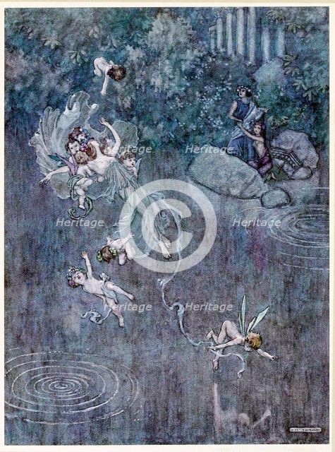 Oberon:  and make him with fair Aegle break his faith, from, A Midsummer Night's Dream, pub. 1914. Creator: William Heath Robinson (1872 - 1944).