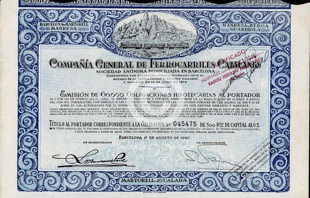 Obligation of 500 pesetas of the Compañía General de Ferrocarriles Catalanes, S.A., at 6%, Barcel…