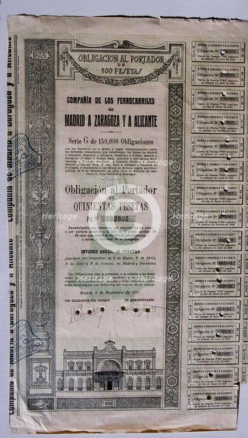 Obligation of 500 pesetas of the Compañía de los Ferrocarriles de Madrid a Zaragoza y a Alicante,…