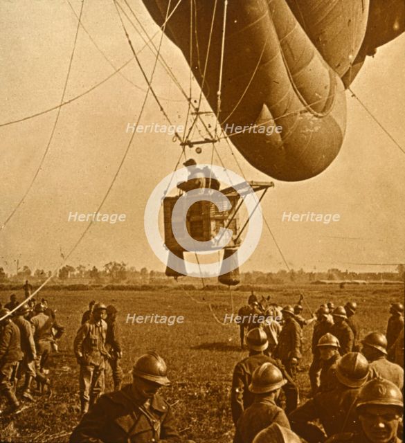 Observation of enemy positions from a barrage balloon, c1914-c1918. Artist: Unknown.