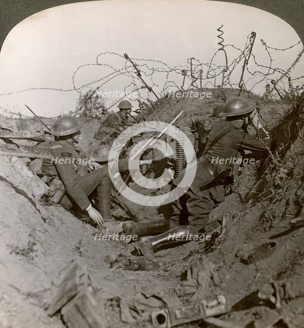 Observation officer and signallers keep a sharp lookout, St Quentin, France, World War I, 1914-1918.Artist: Realistic Travels Publishers