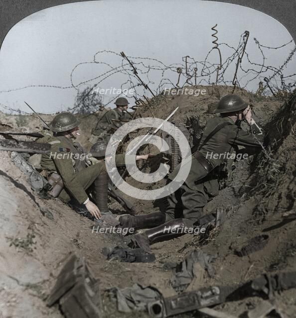 Observation officer and signallers keep a sharp lookout, St Quentin, France, World War I, 1914-1918. Artist: Realistic Travels Publishers.