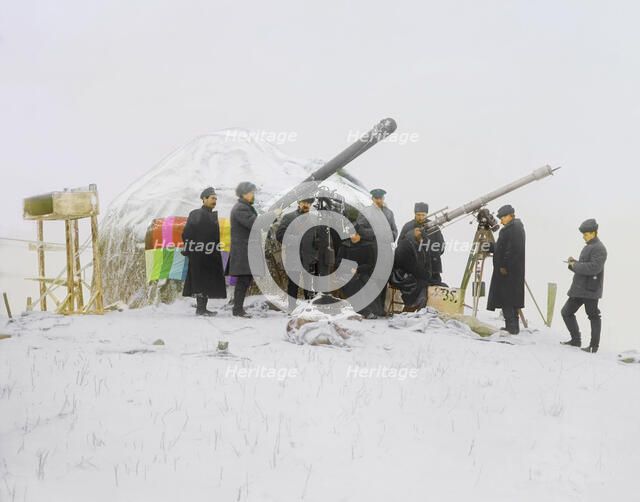 Observing a solar eclipse on January 1, 1907, near the Cherniaevo Station in the Tian-Shan..., 1907. Creator: Sergey Mikhaylovich Prokudin-Gorsky.