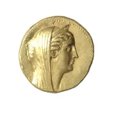 Octadrachm (Coin) Portraying Queen Arsinoe II, After 270 BCE, issued by King Ptolemy II or III. Creator: Unknown