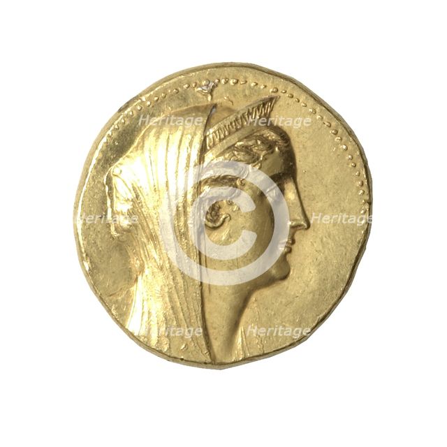 Octadrachm (Coin) Portraying Queen Arsinoe II, After 270 BCE, issued by King Ptolemy II or III. Creator: Unknown.
