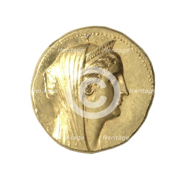 Octadrachm (Coin) Portraying Queen Arsinoe II, After 270 BCE, issued by King Ptolemy II or III. Creator: Unknown.