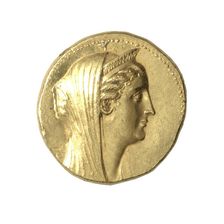 Octadrachm (Coin) Portraying Queen Arsinoe II, After 270 BCE, issued by King Ptolemy II or III. Creator: Unknown