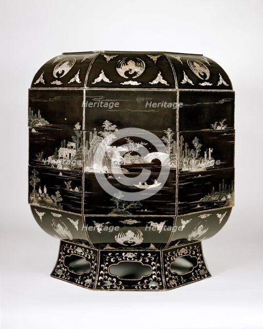 Octagonal box with landscape, 17th-18th century. Artist: Unknown.