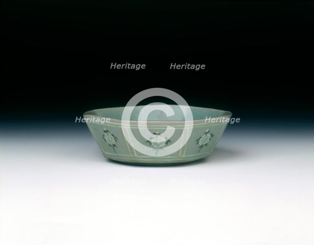 Octagonal celadon bowl with inlaid daisy-like flowers, Koryo dynasty, Korea, late 12th century. Creator: Unknown.