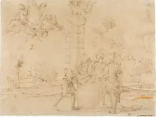 Octavian, Mark Antony, and Lepidus Dividing the Roman Empire, with Bologna in the..., c.1622. Creator: Francesco Brizio