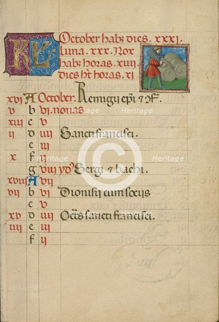 October Calendar Page; Making Wine; Book of Hours, about 1460. Creator: Unknown.