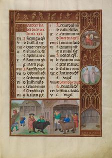 October Calendar Page: Slaughtering and Ox and Grape Harvesting: Libra, about 1510-20. Creator: Workshop of the Master of James IV of Scotland