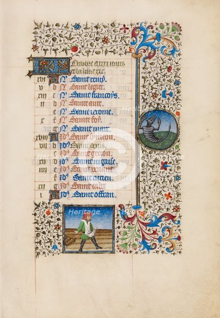 October Calendar Page: Sowing: Scorpio; Book of Hours, about 1440-1450. Creator: Workshop of the Bedford Master.