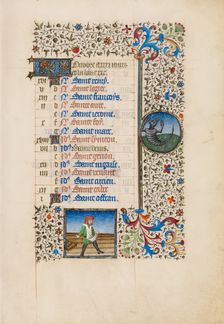 October Calendar Page: Sowing: Scorpio; Book of Hours, about 1440-1450. Creator: Workshop of the Bedford Master