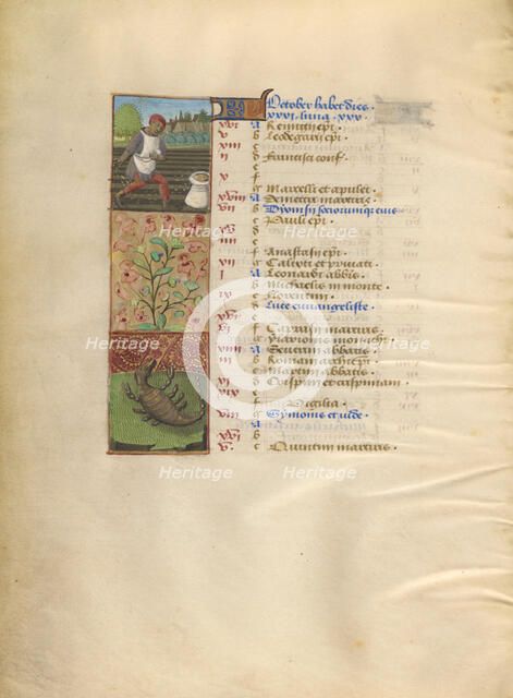 October Calendar Page; Sowing; Scorpio; Katherine Hours, about 1480-1485. Creator: Unknown.