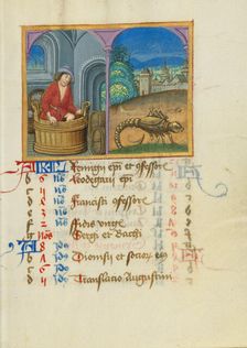 October Calendar Page; Treading Grapes; Scorpio; Book of Hours, early 16th century. Creator: Unknown