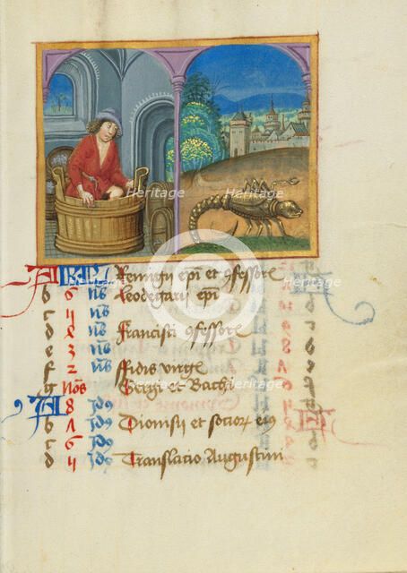 October Calendar Page; Treading Grapes; Scorpio; Book of Hours, early 16th century. Creator: Unknown.