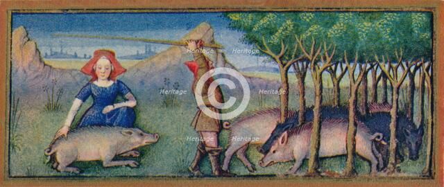 October - feeding pigs on acorns, 15th century, (1939). Creator: Robinet Testard.