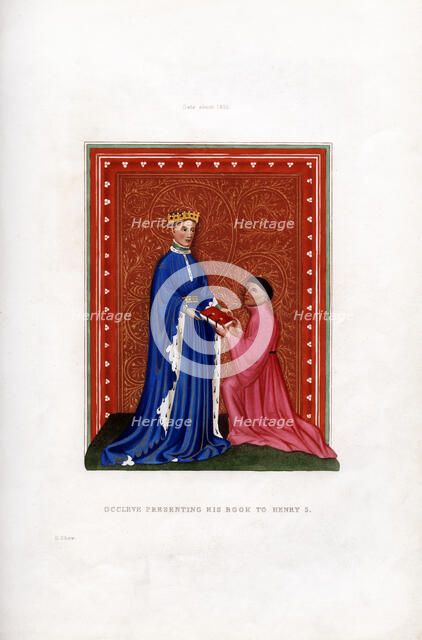 Occleve presenting his book to Henry V, c1410, (1843).Artist: Henry Shaw