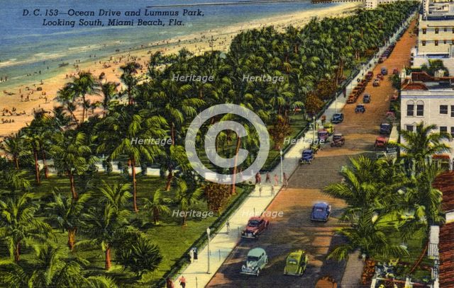 Ocean Drive and Lummus Park, looking south, Miami Beach, Florida, USA, 1946. Artist: Unknown