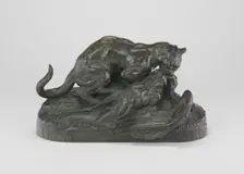 Ocelot Carrying Off a Heron, model 1839, cast by 1873. Creator: Antoine-Louis Barye