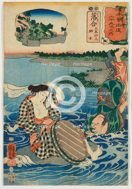 Ochiai: Kume Sennin and the Washerwoman, from the series "Sixty-nine Stations of the... 1852. Creator: Utagawa Kuniyoshi.