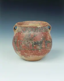 Ochre red slipped pottery jar with deer and archer, Karuo culture, China, c2300-c1800 BC. Creator: Unknown