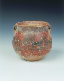 Ochre red slipped pottery jar with deer and archer, Karuo culture, China, c2300-c1800 BC