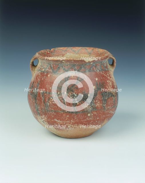 Ochre red slipped pottery jar with deer and archer, Karuo culture, China, c2300-c1800 BC. Artist: Unknown