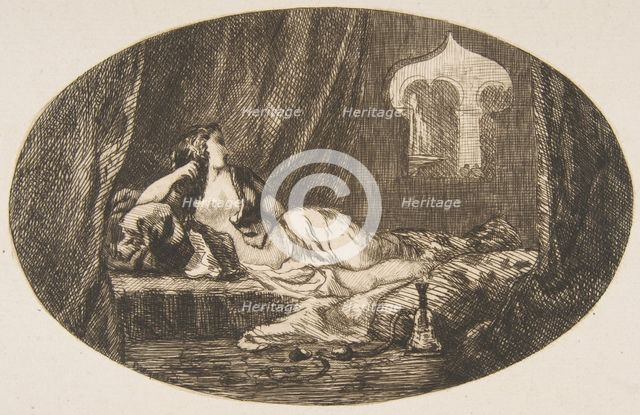 Odalisque reclining in a harem, from "Titres de Romance", 1857. Creator: Felix Bracquemond.