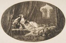 Odalisque reclining in a harem, from "Titres de Romance", 1857. Creator: Felix Bracquemond