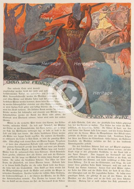 Odin and Fenrir, Freyr and Surt. From Valhalla: Gods of the Teutons, c. 1905.