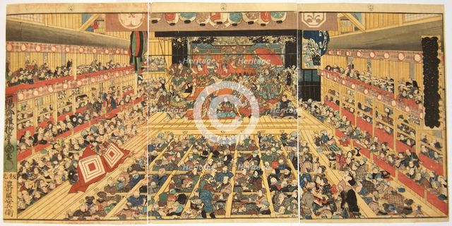 Odori-keiyo Edo-e no Sakae: Theatre interior with Shibaraku performance, 1858. Artist: Kunisada (Toyokuni III), Utagawa (1786-1865)